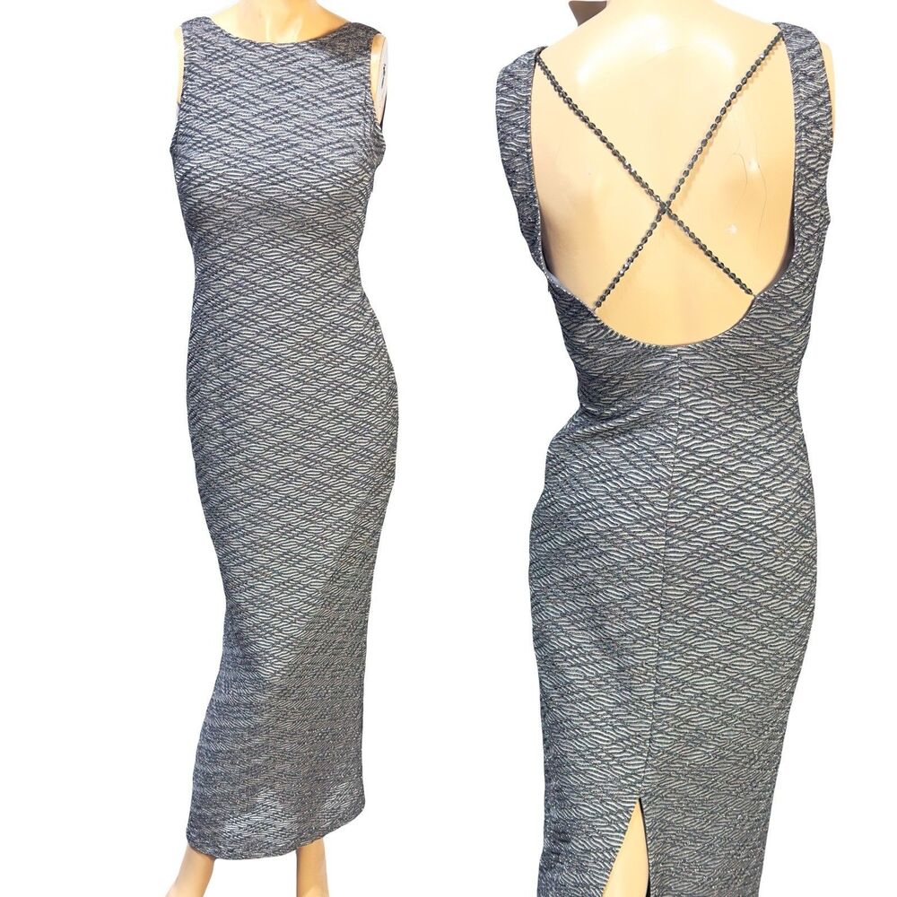 Joseph Ribkoff Maxi Dress Womens Size US 4 Silver Sparkle Vintage Cross Back
